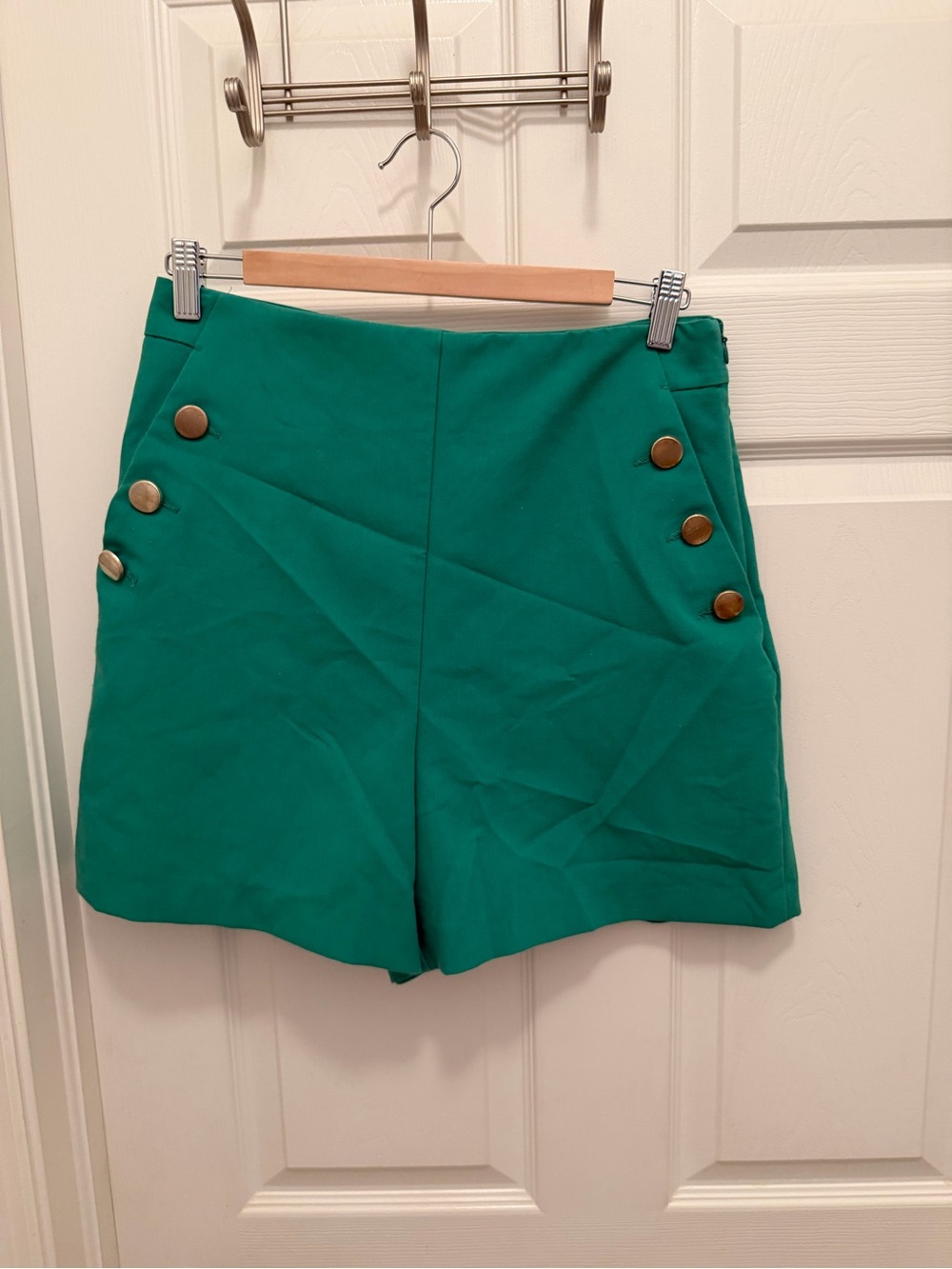 Zara Emerald Green High-Rise Button-Accent Shorts